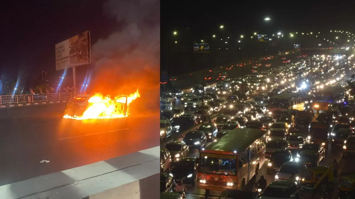 यूपी गेट पर कार में लगी आग, NH-9 और दिल्ली-मेरठ एक्सप्रेस-वे पर लगा लंबा जाम