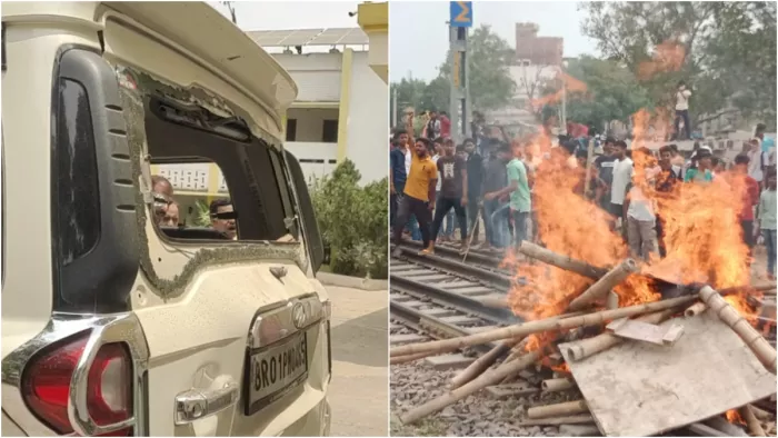 हमले के बाद बीजेपी विधायक की क्षतिग्रस्त गाड़ी और रेलवे ट्रक पर आगजनी। जागरण