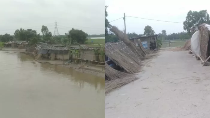 नदी में समाने की कगार पर मौजूद घर। फोटो- जागरण