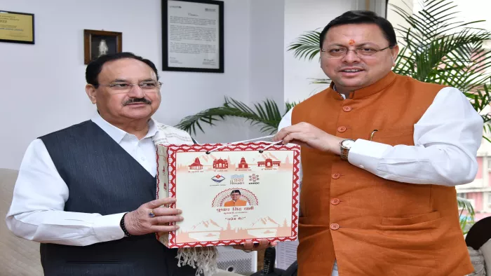 मुख्यमंत्री पुष्कर सिंह धामी ने मंगलवार को नई दिल्ली में केंद्रीय स्वास्थ्य मंत्री जेपी नड्डा से भेंट की। साभार- सूवि