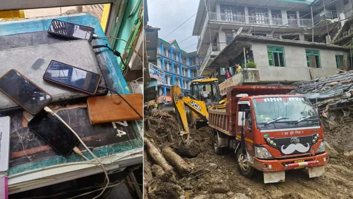 थुनाग बाजार में चार्जिंग पर लगाए मोबाइल व मलबे को हटाने में जुटी मशीनरी।