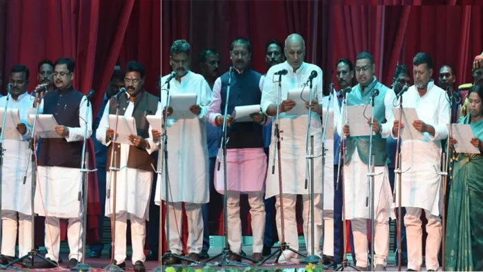 Bihar Cabinet Expansion: नीतीश कैबिनेट के लिए शपथ ग्रहण करते मंत्री। तस्वीर: जागरण।