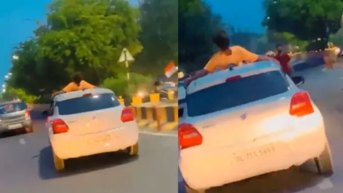 नोएडी में कार की छत पर लेटकर स्टंट करते युवक का वीडियो वायरल।