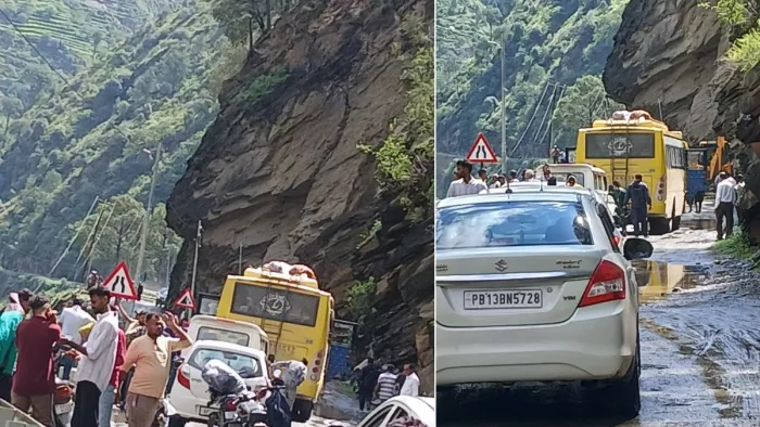 चंबा भरमौर एनएच पर लूणा में भूस्खलन के कारण फंसे वाहन। जागरण