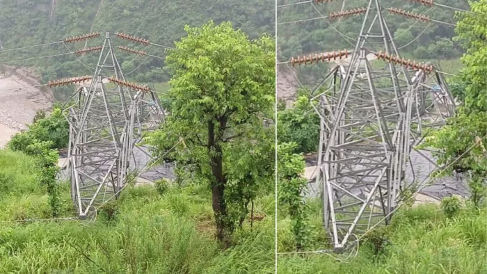 मंडी के नौ मील में गिरा 132 केवी ट्रांसमिशन लाइन का टावर। जागरण