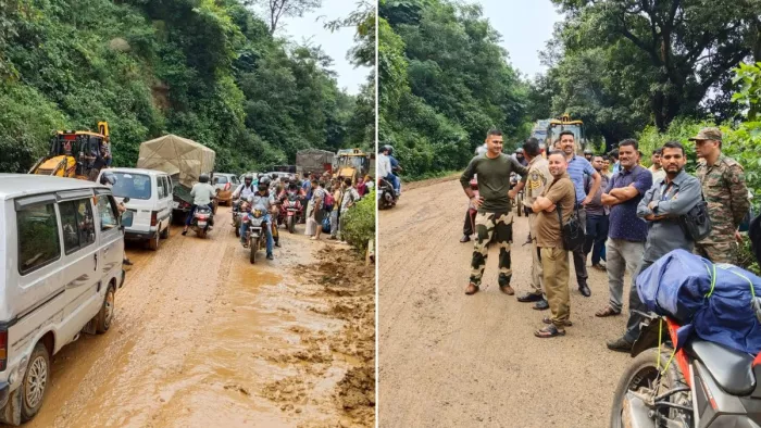 कांगड़ा एयरपोर्ट के पास भारी भूस्खलन के कारण फंसे वाहन व लोग। जागरण