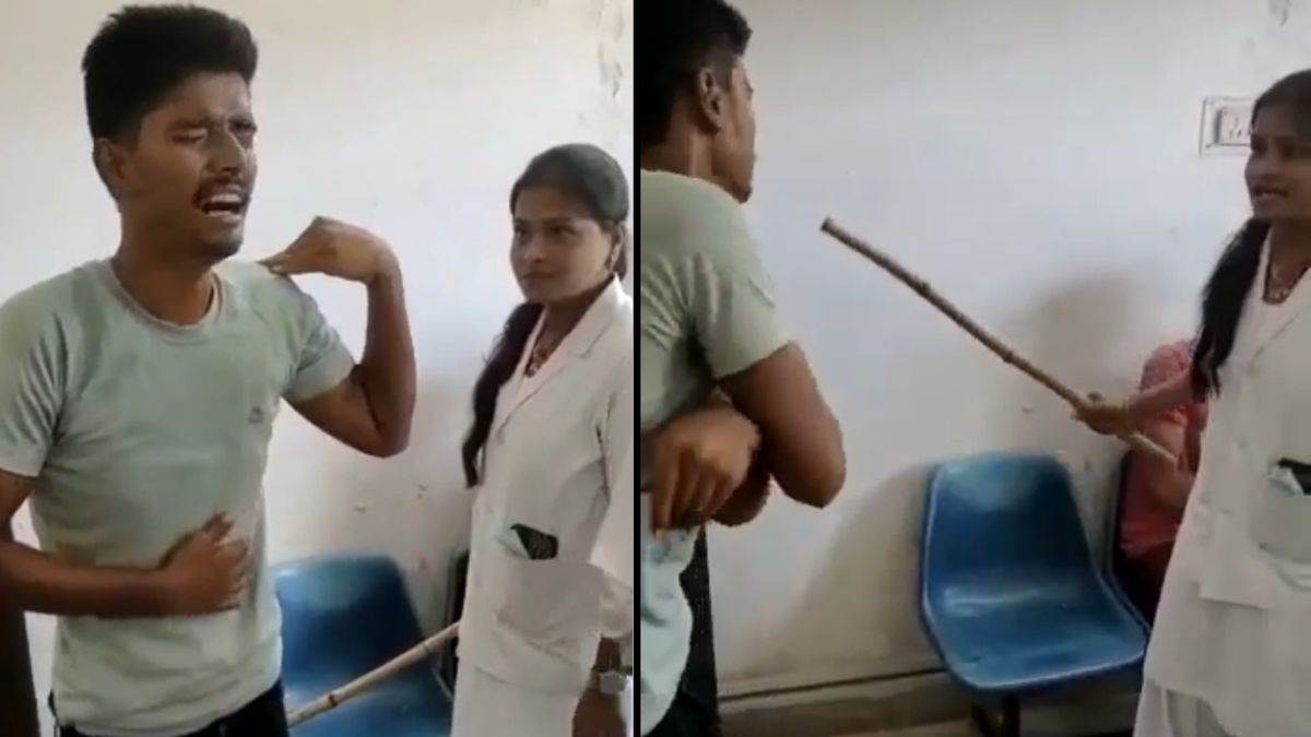 अस्पताल के अंदर लड़के को पीटती नर्स।