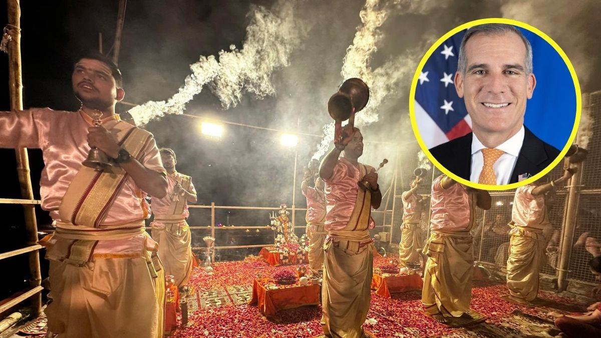 us ambassador eric garcetti became a spectator at ganga aarti at dashashwamedh ghat wrote on the x varanasi you touched my soul