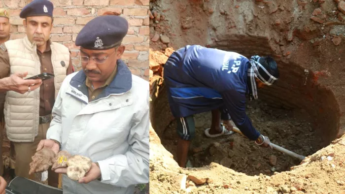 खग्गू सराय में मंदिर के पास बने कुएं की खोदाई करते समय निकलीं देव मूर्तियों को दिखाते अपर पुलिस अधीक्षक।