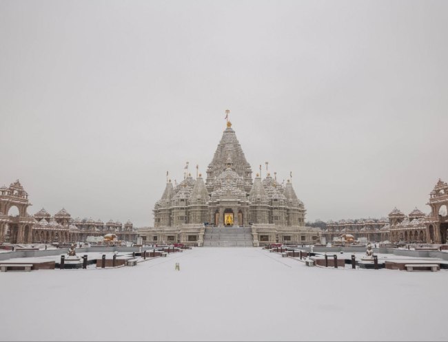 Akshardham New Jersey temple complex during winter snowfall
