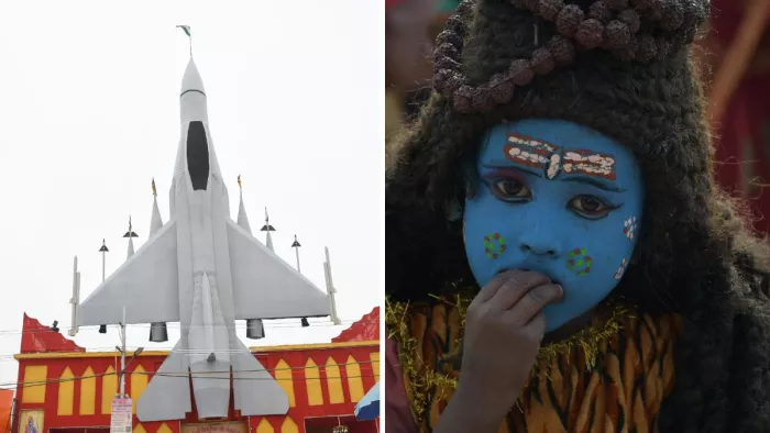 Maha Kumbh 2025 के ओल्ड जीटी मार्ग रामानंदाचार्य मठ शिविर के मुख्य द्वार तेजस लड़ाकू विमान। मुकेश कनौजिया