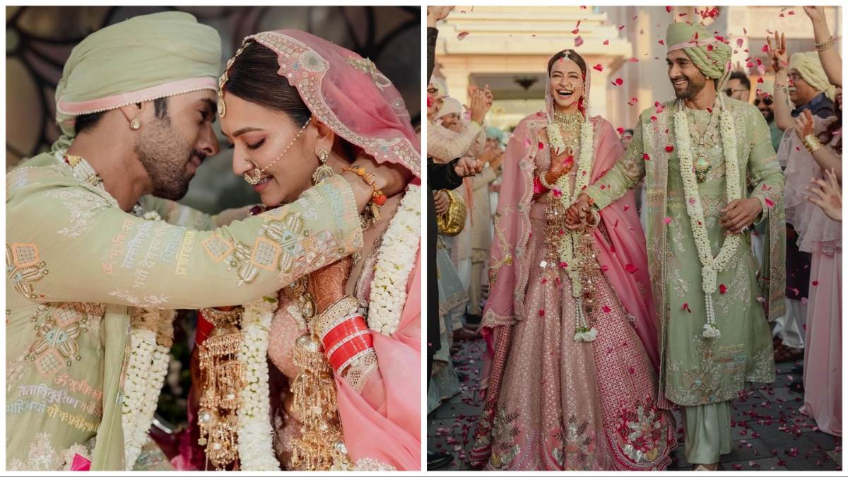 pulkit samrat wore mint green gayatri mantra sherwani on his wedding and kriti looks gorgeous in pink lehenga