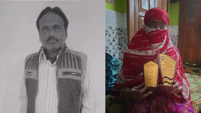 जासूसी के आरोपित रविंद्र और उनके अवार्ड दिखातीं उनकी पत्नी।