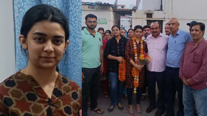 लाजपत नगर की पुलिस कॉलोनी में आईएएस बनने पर रुपल राणा का फूल माला पहनाकर स्वागत करते लोग।
