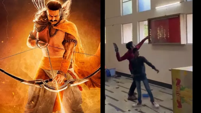 File Photo of Prabhas from Adipurush and Fan Vandalising Theatre in Telangana. Photo Credit: News Meter