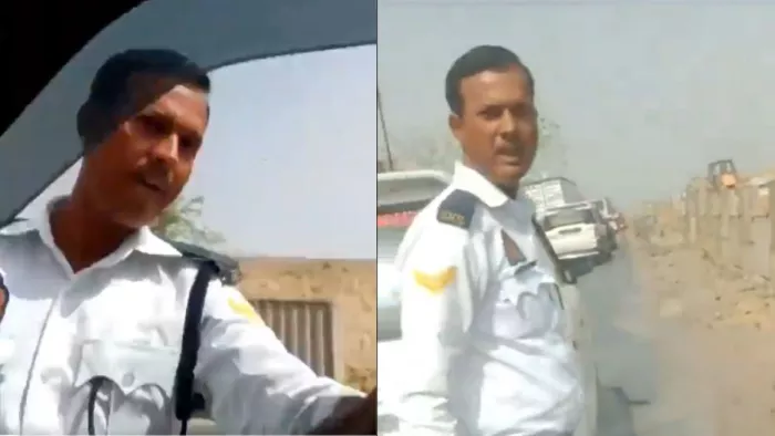 बीच सड़क यातायात सिपाही की गुंडई, कार सवार पर बरसाए थप्पड़; देखें VIRAL VIDEO