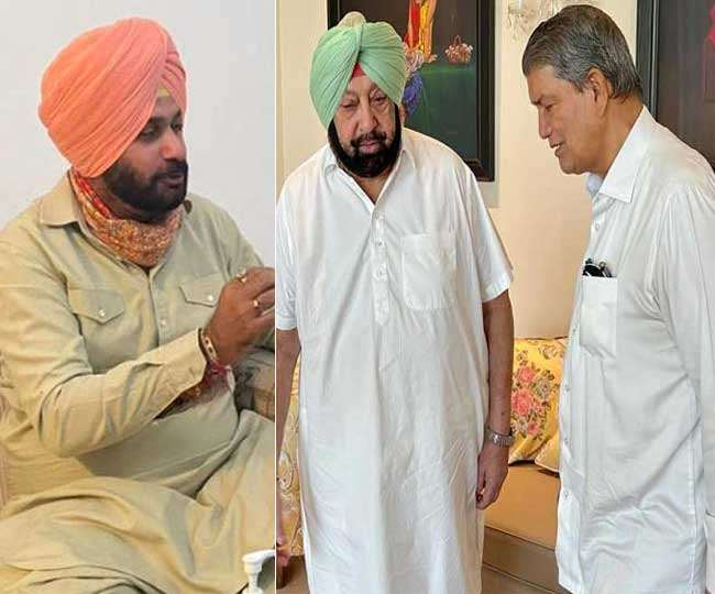नवजोत सिंह सिद्धू और सीएम कैप्‍टन अमरिंदर सिंह और पंजाब कांग्रेस प्रभारी हरीश रावत।