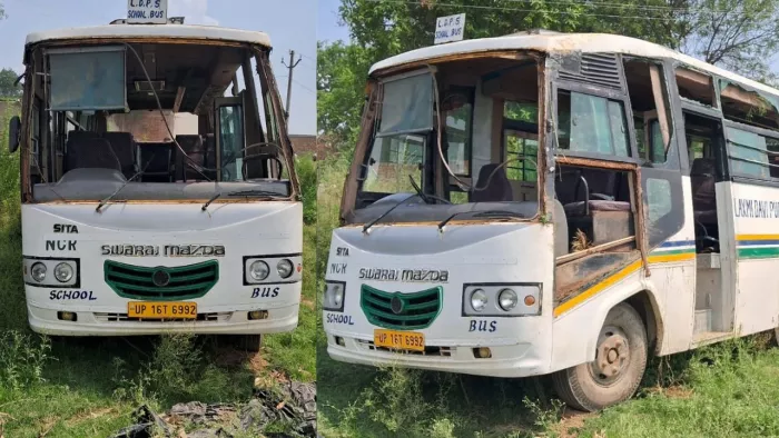 ग्रेटर नोएडा में स्कूल बस पलट गई। (जागरण फोटो)