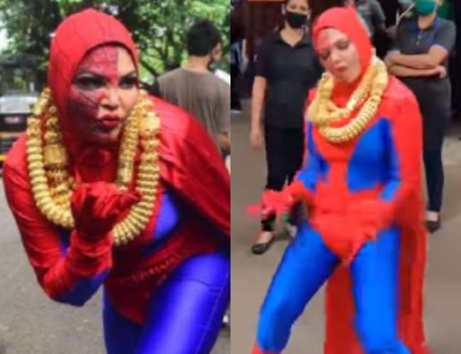 Rakhi Sawant In Spiderman costume Sits On Dharna Outside Bigg Boss OTT