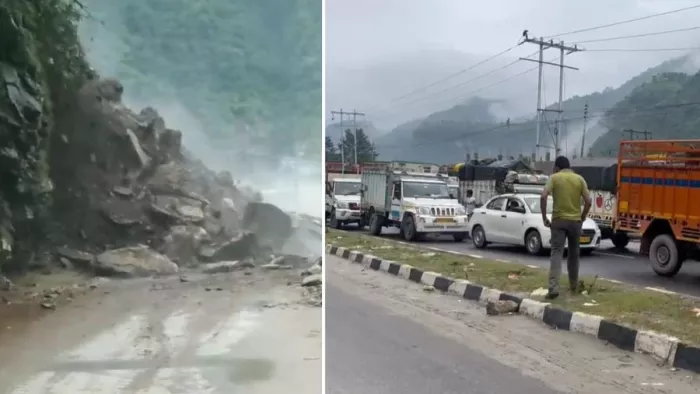 कीरतपुर-मनाली फोरलेन पर पहाड़ी दरकने से आवाजाही बंद है। इस दौरान फंसे वाहन सवार। जागरण