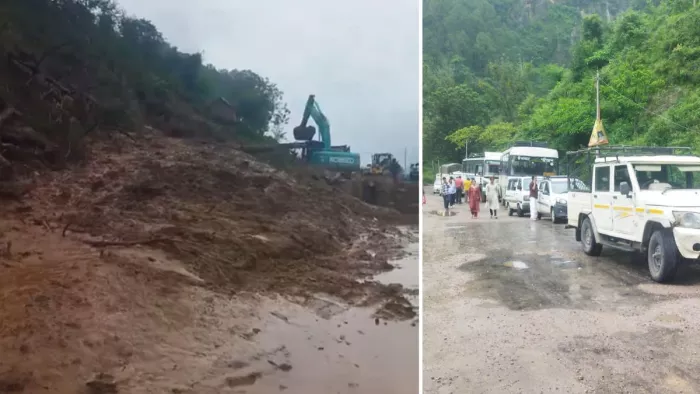 मंडी पठानकोट एनएच पर नारला में दरके पहाड़ के मलबे को हटाते मशीनरी व लगा जाम। जागरण