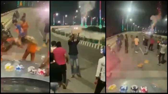 एलिवेटेड रोड पर बीच सड़क पर काटे चार केक, आतिशबाजी कर मचाया हुड़दंग