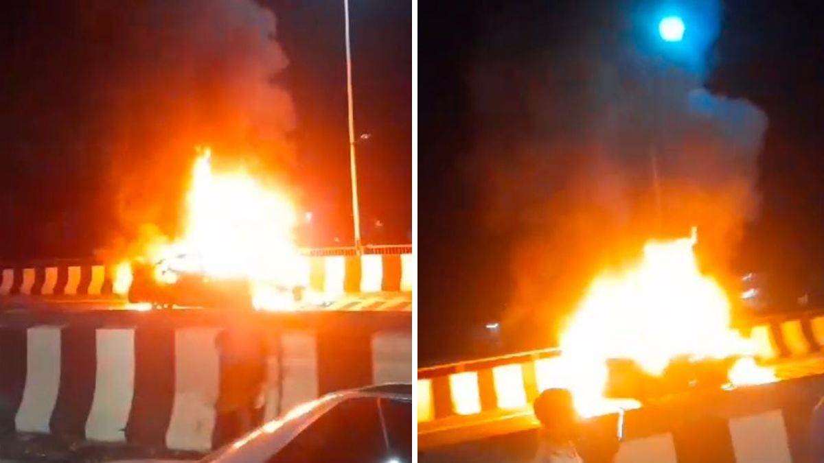 dehradun car fire car catches fire on motichur flyover in haridwar father and son narrowly escaped