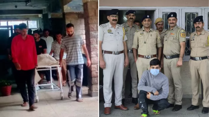 महिला के शव को अस्पताल लाते स्वजन व पुलिस की गिरफ्त में हत्या आरोपित बेटा। जागरण