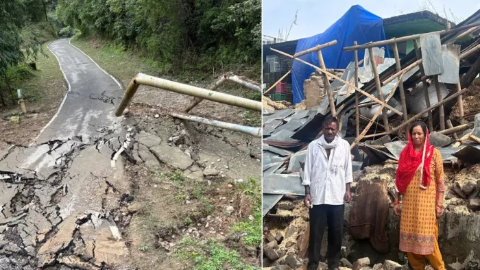 जिला कांगड़ा में बछवाई पंचायत के गुजरेड़ा में ध्वस्त सड़क व गगल ढहा भवन और खड़े प्रभावित। जागरण