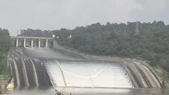 पौंग बांध का जलस्तर बढ़ने के कारण छोड़ा जा रहा पानी। जागरण