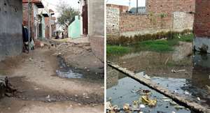 रजानगर में कच्‍ची सड़क व प्‍लाट में जलभराव।