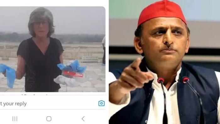 ताजमहल में विदेशी महिला द्वारा सफाई पर अखिलेश यादव ने कसा तंज।