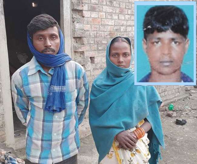 रवि मुसहर अपनी पत्‍नी के साथ, इनसेट में छवि की तस्‍वीर। जागरण