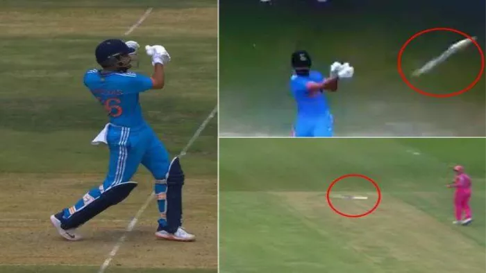 IND vs SA: श्रेयस अय्यर का बल्ला शॉट लगाते वक्त हाथ से छूट गया। फोटो क्रेडिट- एक्स