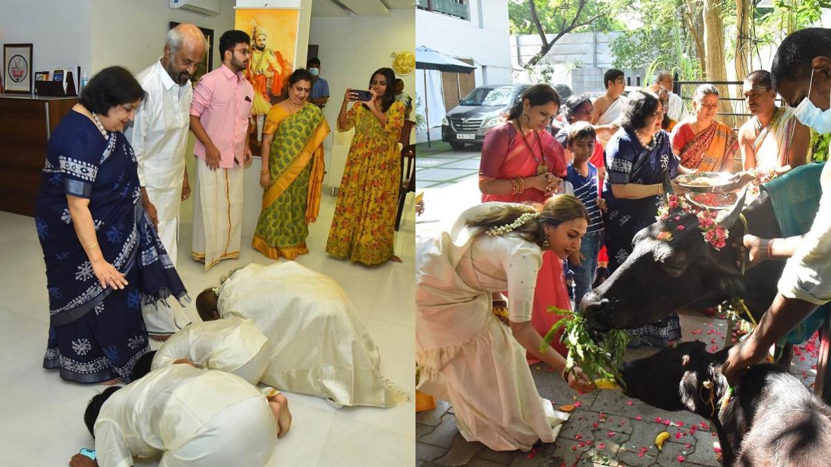 rajinikanth daughter aishwarya celebrates pongal by touching mother and father feet fans remember dhanush