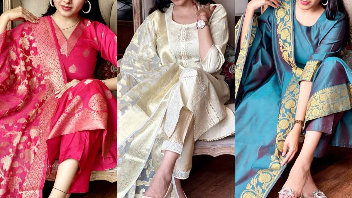 Banarasee/Banarasi Salwar Kameez Cotton Silk Resham Woven With Buti De