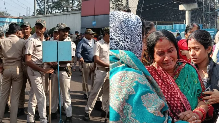 फैक्ट्री के पास मौजूद पुलिस व रोते-बिलखते श्रमिकों के परिजन। (जागरण फोटो)