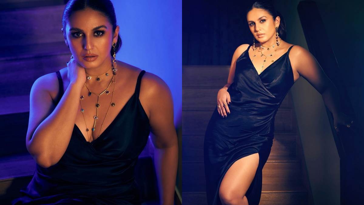 maharani 2 actress huma qureshi latest bold photos in black color deep neck thigh high slit dress fans reaction goes viral on social media