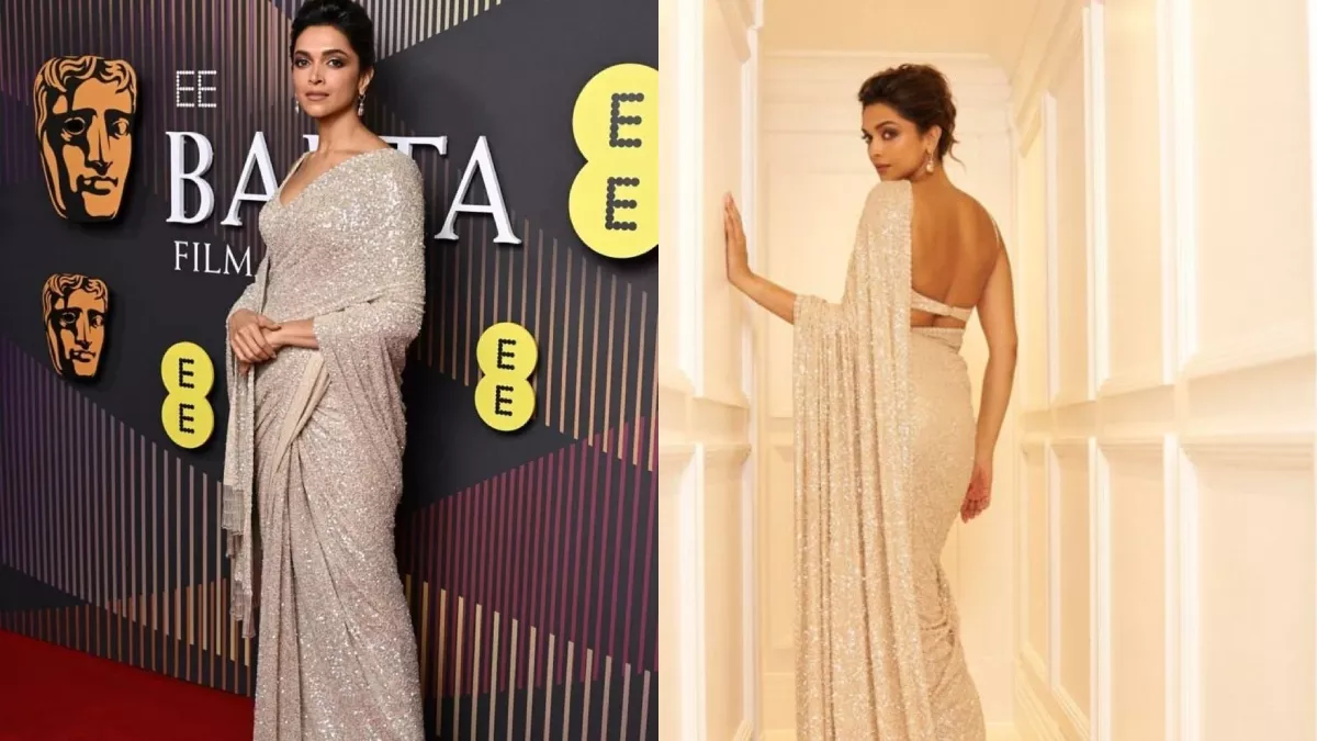 BAFTA रेड कार्पेट में Deepika Padukone ने फ्लॉन्ट किया ट्रेडिशनल लुक, शिमरी  साड़ी में दिखा खूबसूरत अंदाज - Deepika Padukone BAFTA 2024 look stuns in  shimmery golden saree