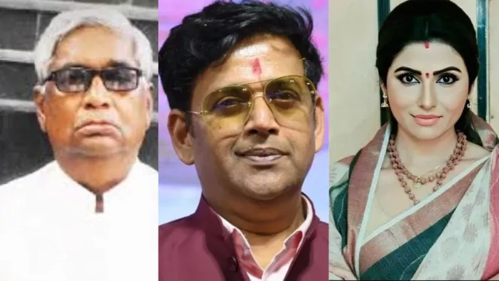 बाएं से डॉ रामसमुझ, रवि किशन इंटर और काजल निषाद। जागरण