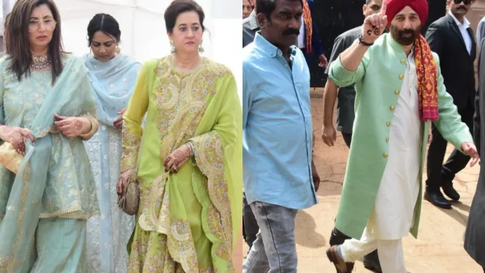 Karan Deol Wedding Sunny Deol was seen twinning with wife Pooja Deol in son wedding
