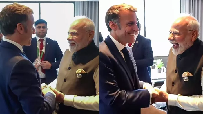 पीएम मोदी और फ्रांस के राष्ट्रपति इमैनुएल मैक्रों की मुलाकात। फोटो- एएनआई