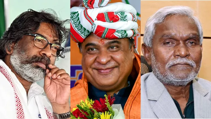 झारखंड के CM हेमंत सोरेन, असम के CM हिमंत बिस्वा सरमा और पूर्व मुख्यमंत्री चंपई सोरेन। (फोटो- ANI)