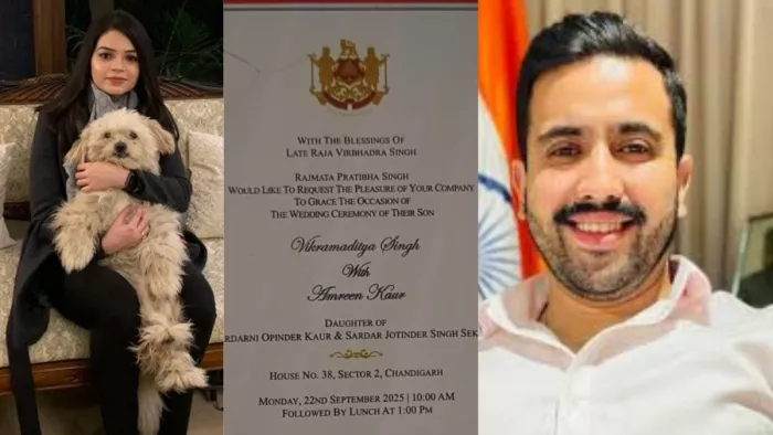 हिमाचल प्रदेश सरकार के मंत्री विक्रमादित्य सिंह व चंडीगढ़ निवासी अमरीन कौर और इनकी शादी का कार्ड।