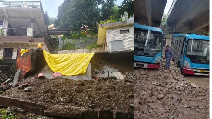 बिलासपुर में भूस्खलन से खतरे में घर व भगेड़ में मलबे में फंसी बसें। जागरण