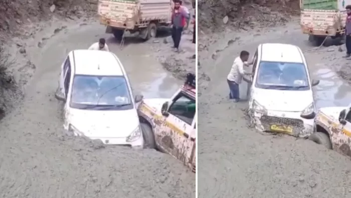 जिला कुल्लू के मणिकर्ण में दलदल में फंसे वाहन।