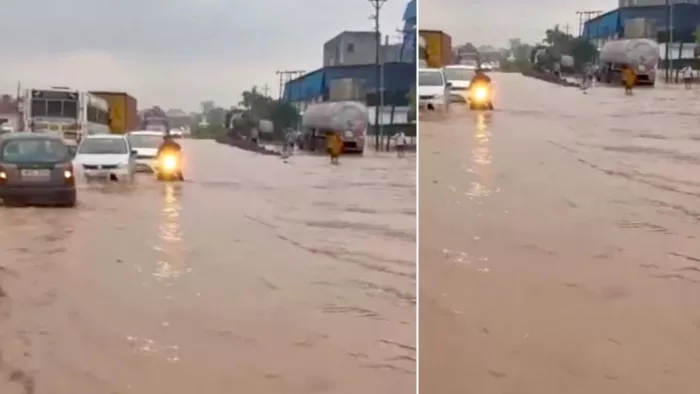 भारी बारिश के नालागढ़ पिंजौर फोरलेन पर जलभराव। जागरण
