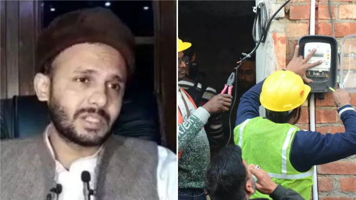 समाजवादी पार्टी सांसद जियाउर्रहमान बर्क की फाइल फोटो, उनके मकान पर स्मार्ट मीटर लगाते बिजली विभाग के कर्मचारी।