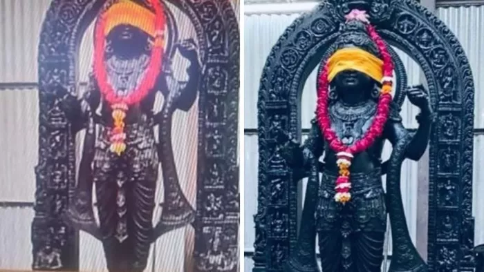 अयोध्या में राम मंदिर के गर्भगृह के अंदर से भगवान राम की मूर्ति की झलक।