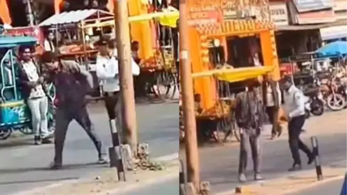 राज्यपाल के काफिले के पास खड़े युवक की ट्रैफिक पुलिस ने पिटाई कर दी। (फोटो सोर्स- वीडियोग्रैब)